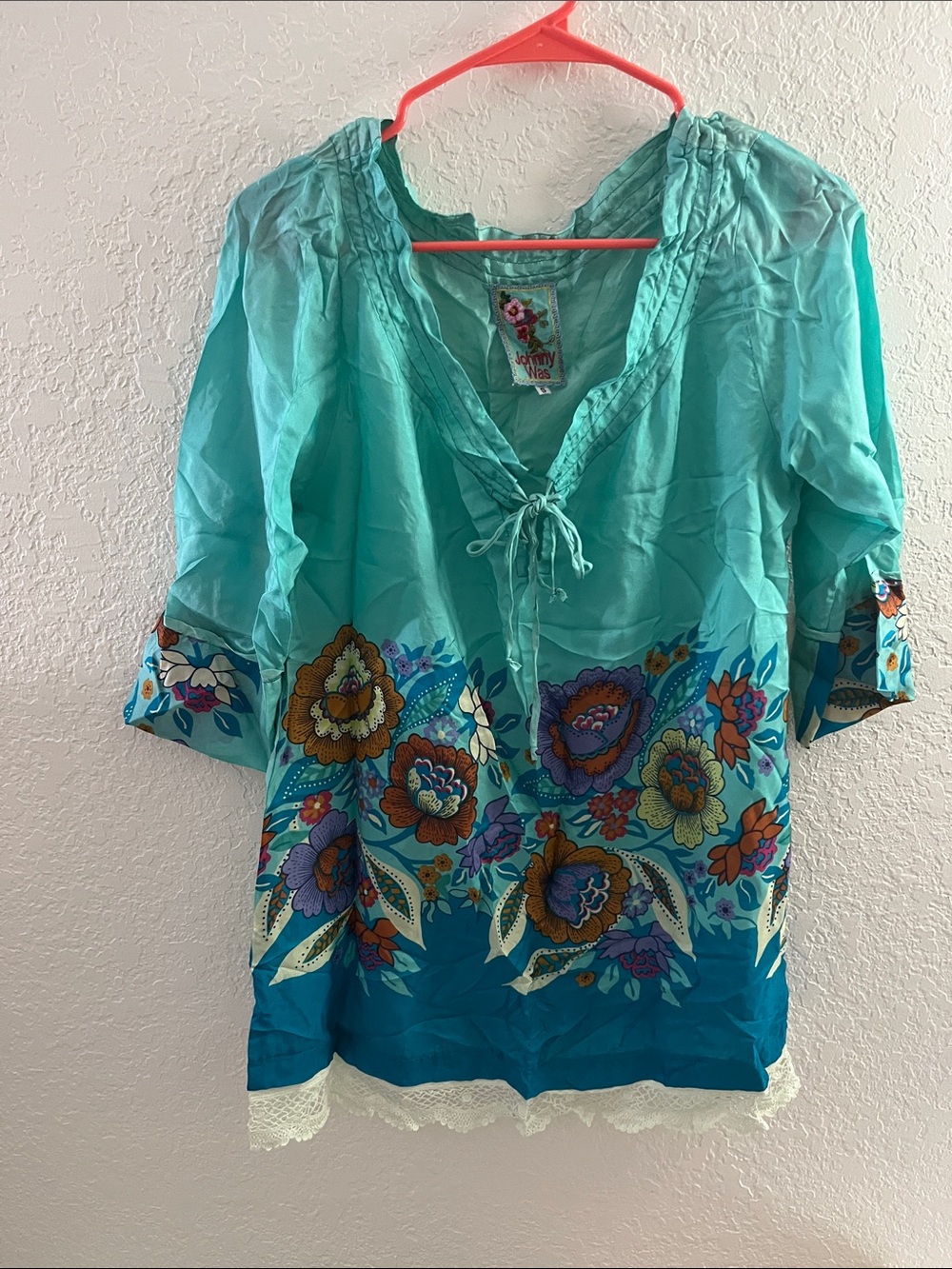 Johnny was Boho Floral Tie-Neck Tunic Top - Teal